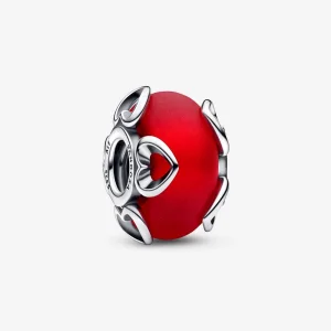 (obrázek pro) PANDORA Frosted Red Murano Skleněný a Srdce Amulet - 792497C01