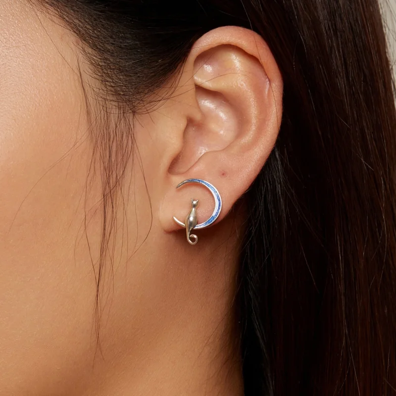 (obrázek pro) Pandora styl Měsíční Kočka Studs Náušnice - SCE1609 - Zobrazit 7