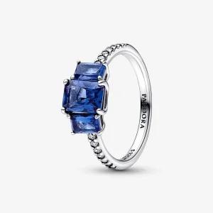 (obrázek pro) Pandora Blue obdélníkový tříkamenný jiskřivý prsten - 192389C01