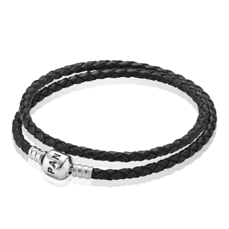 (obrázek pro) Moments dvojitý pletený kožený náramek, černý - 590705CBK-D PANDORA