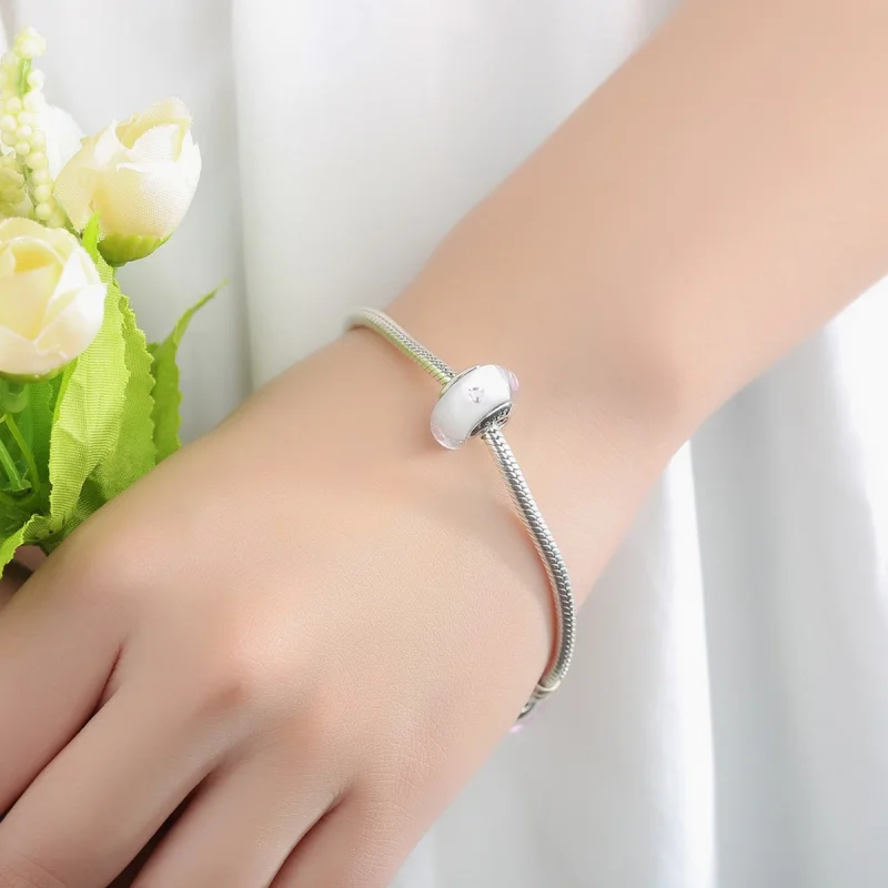 (obrázek pro) Pandora styl Bílý Muranské sklo Růžové kameny amulet - SCZ004 - Zobrazit 6