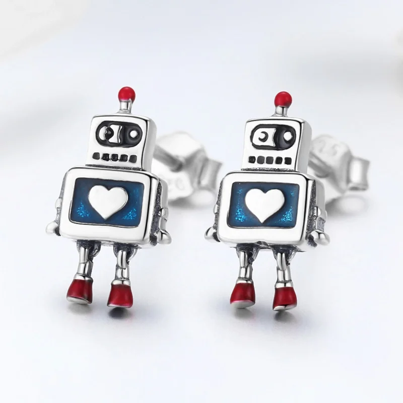 (obrázek pro) Pandora styl Stříbrné náušnice se zdobeným robotem - SCE477 - Zobrazit 4