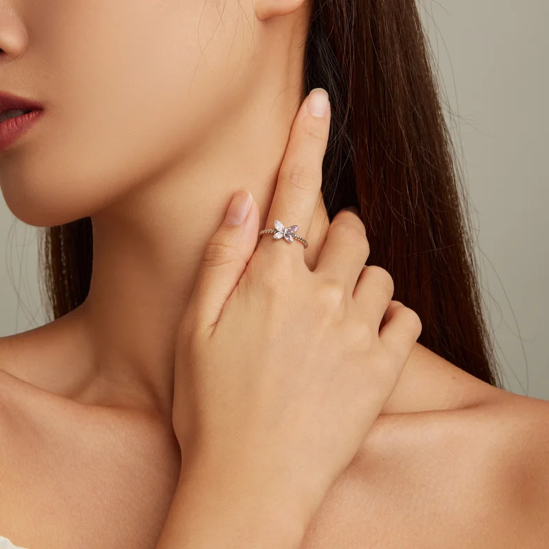 (obrázek pro) Pandora styl Růžový motýl s otočným prstenem - SCR872 - Zobrazit 4